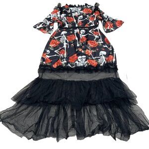 Black and Red Skeleton Rose Midi Dress